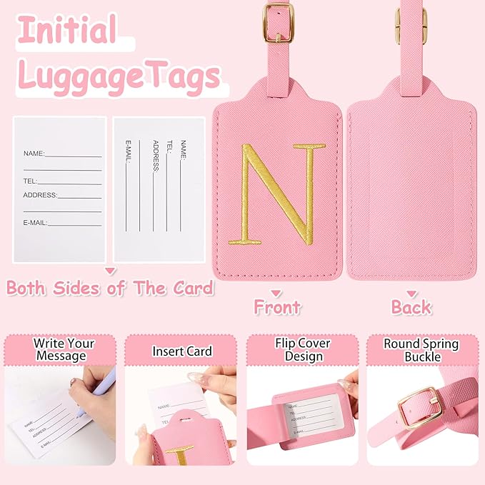 Initial Letter Luggage Tags for Suitcases, Personalized Embroidered Letter Luggage Bag Suitcase Identifier Name Tag, Cute PU Leather Travel Luggage Tags, Bag Tags for Luggage Handbags(Pink N)