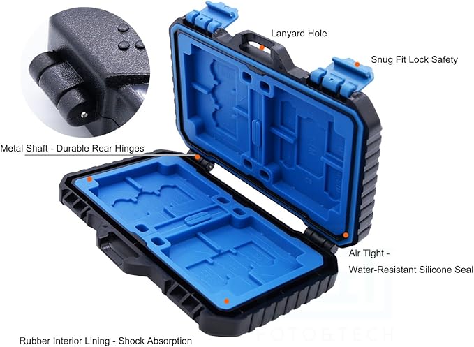 Foto&Tech High Capacity Multi-Format Storage Case - 28 Slot Waterproof Case for SD, CF, TF Cards; Includes Micro SD, SIM Card Holders