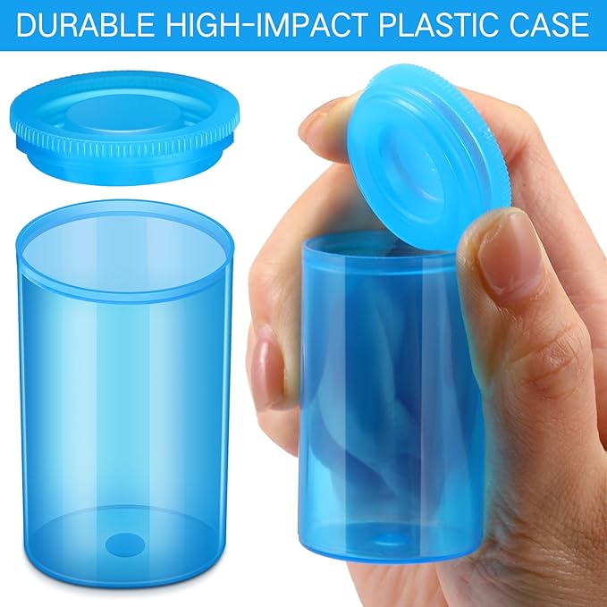 JOVITEC 30 Pack Plastic Film Canister Holder 35 mm Empty Camera Reel Containers Pill Medicine Bottles with Lids for Small Accessories, Prescription Medication, Vitamins, Coins, Art Beads(Blue)