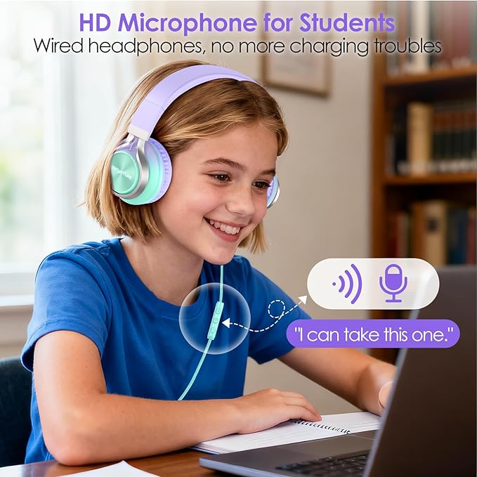 USB C Headphones Wired with Mic & Volume Control, Tangle-Free, Type C Over-Ear Headphones, Lightweight/Foldable Kids Headphones Wired Headphones USB C for iPad/Sports/School/Travel/iPhone 17/16/15