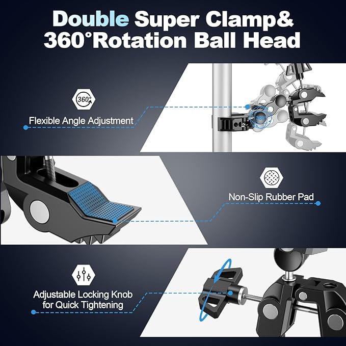 EMART Super Double Clamp Mount with Magic Arm, 360° Rotation Double Ball Head Umbrella Clamp, Perfect for Camera, Umbrella, Pole, Stand, Desk, Light, Motorcycle, Tripod, Chair, Crossbar, Flat Surface