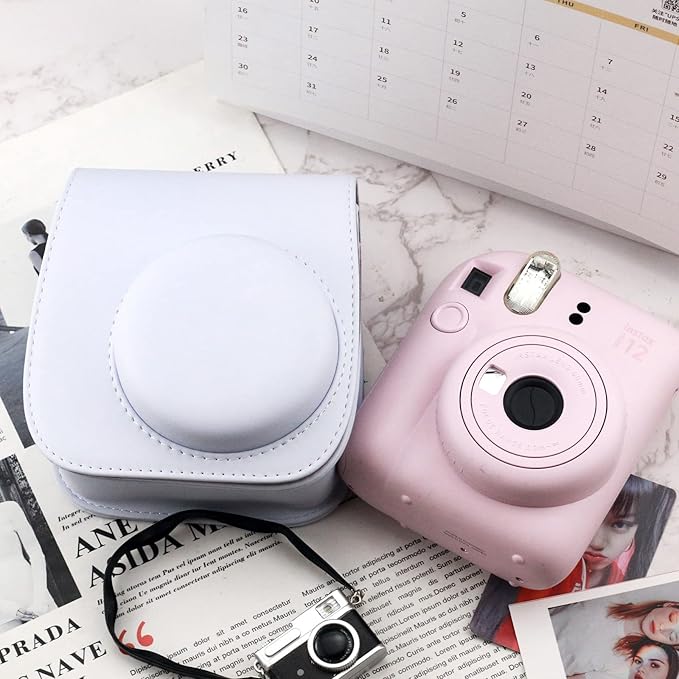 Frankmate Protective Case Compatible with Fujifilm Instax Mini 12 11 9 8 Instant Film Camera with Pocket and Adjustable Strap (White)