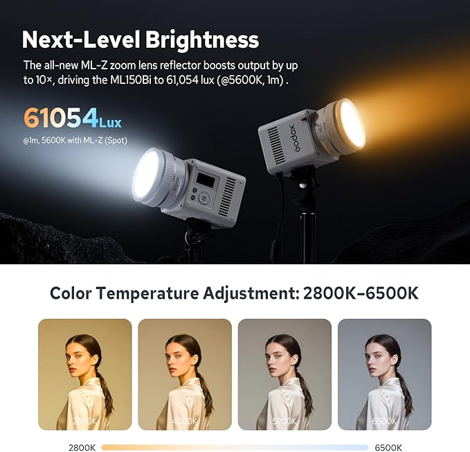 Godox ML150Bi Bi-Color COB LED Video Light 165W, 61054Lux@1m, 2800K-6500K, 11 FX, Compact COB LED Continuous Output Lighting for Studio & Outdoor Shooting, APP/DMX/RDM Control, Handheld LED Monolight