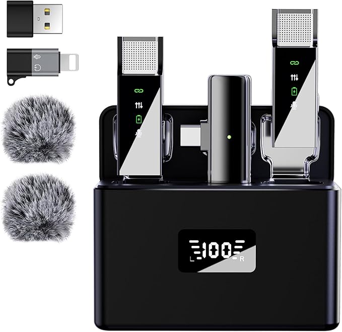 Pro Wireless Lavalier Lapel Microphone System for iPhone Android Phone PC Laptop with USB C/Lightning, 48KHz 24Bit, 30H Battery, Reverb, Noise Cancelling for Video Recording Podcast Stream Vlog
