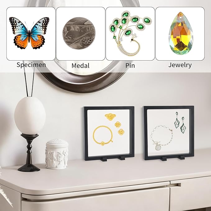 10 Pcs Floating Frame Case with Stands 7x7x0.8 in, Black Challenge Coin Display,Transparent PE Jewelry Storage Box, Floating Display Holder Stands for Antique Challenge Coins Medallion Fossil Specimen