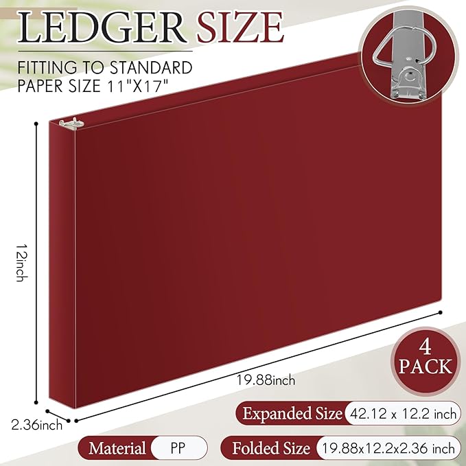 Humyoun 4 Pcs 11 x 17 Inch 3 Ring Binders 2 Inch Rings Heavy Duty View Plastic Flexible D Ring Binders Economy Holds 11" x 17" Paper for Artwork Blueprints, Office, Home, Work Places(Red)