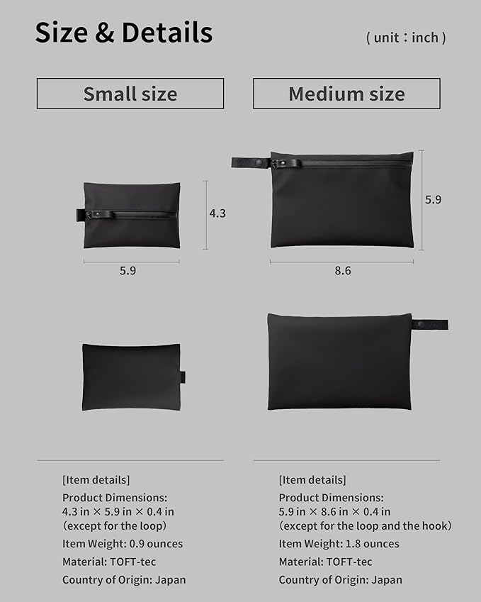 Water-Resistant Zipper Pouch, Made in Japan, Multipurpose Organizer with Pockets for Cords, Essentials, Toiletries, Cosmetics, and Travel Accessories, Eco & Durable Materials, TOFTPOUCH, Medium, Black