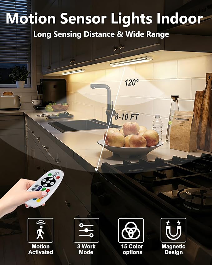 SZOKLED 58-LED Motion Sensor Under Cabinet Lights Wireless, RGB Closet Light Night Lights Remote, 1100mAh Rechargeable Under Cabinet Lighting Counter Lights for Indoor Kitchen, Stair (6 Packs)