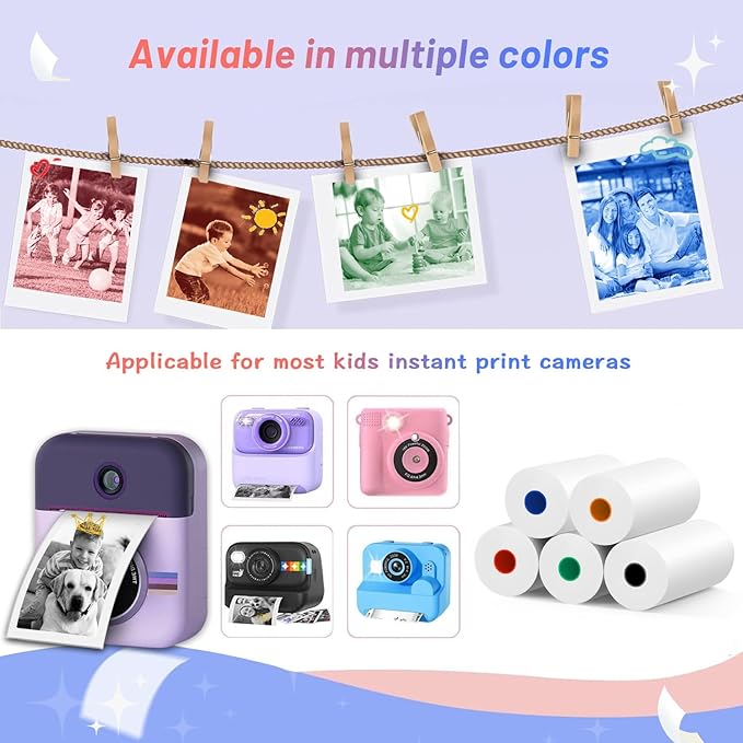 MIARALA 5 Rolls 5 Vibrant Single-Color Kids Camera Paper Roll Refill, HD Paper for Most Kids Instant Cameras, BPA-Free