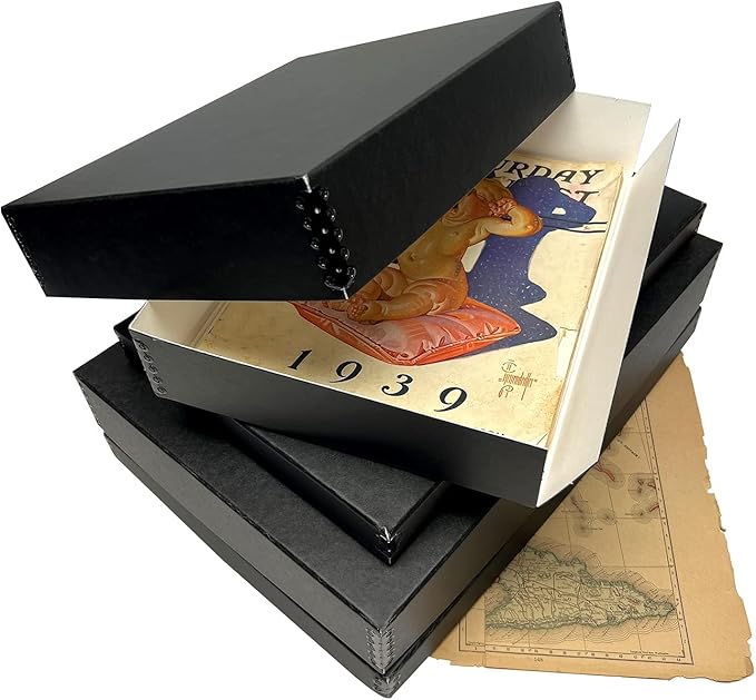 Lineco Museum Archival Storage Box, Drop Front Design with Metal Edges Removable Lid, 8.5 X 11 X 3 inches Acid-Free Photo Album Case, Preserve Prints Pictures, Magazine, Documents, Artworks, Black