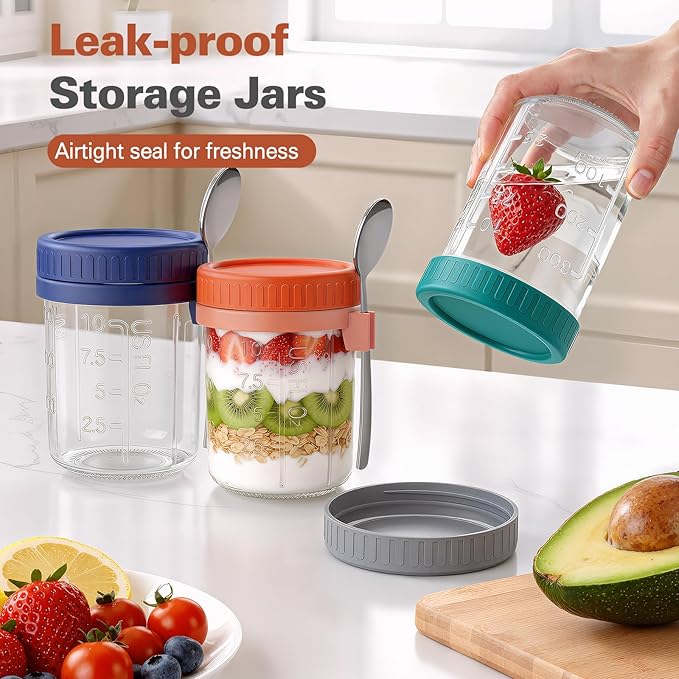 Cozyverge 6 Pack Overnight Oats Containers with Lids and Spoons, 16 oz Airtight Oatmeal Container with Measurement Marks, Overnight Oats Jars for Cereal Fruit Vegetable Milk Salad Yogurt Meal Prep