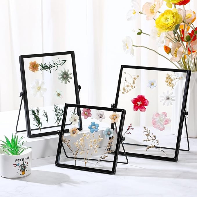 Amyhill Set of 6 Metal Picture Frames Vintage Minimal Ornate Floating Frames 4, 6, 7 Inches Photo Antique Easel Stand Vertical Glass Holder for Pictures Photos Desk Tabletop Display(Black)