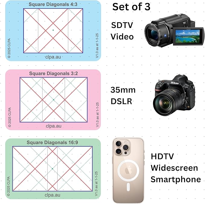 CLPA Square Diagonals Viewfinder: Credit Card-Sized Composition Grids for Video, Photography & Art in 4:3, 3:2, & 16:9