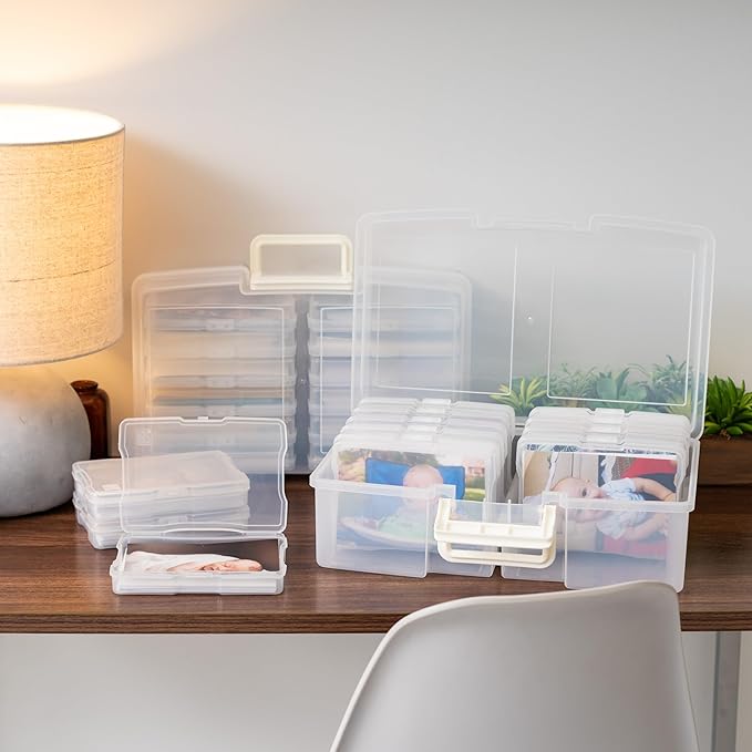 IRIS USA 4" x 6" Photo Storage Box Craft Keeper, 2-Pack, Transparent Handle Container with 12 Organization Holder Cases for Pictures, Tasks, Scrapbooking, Ephemera, Stationery Storage, Clear