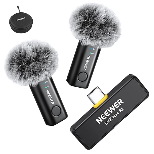 NEEWER KM23Max Wireless Lavalier Microphone 48KHz/24Bit 328ft Range 8H Battery Noise Cancelling Omnidirectional Mini USB C Mic Compatible with DJI Insta360 iPhone Android Phone PC (1x RX + 2X TX)