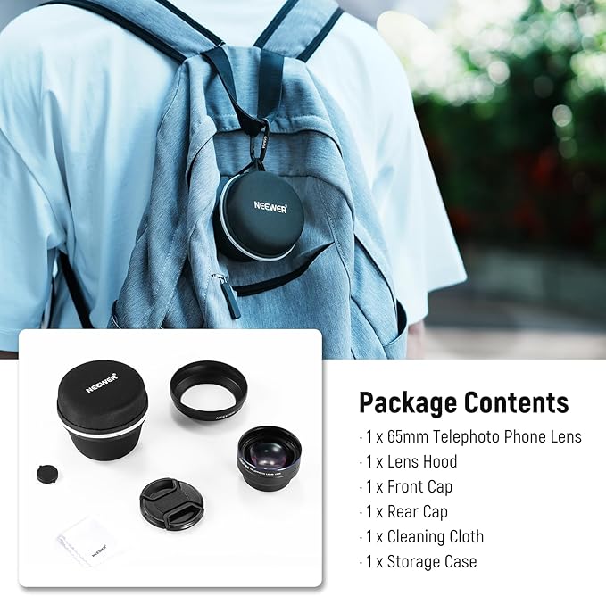 NEEWER HD 65mm Telephoto Phone Camera Lens with Lens Hood for 17mm Thread Lens Backplate Cell Phone Cage Case, 1.7X Zoom Lens Attachment Compatible with iPhone 17 16 15 S25 S24 Ultra Android, LS-66