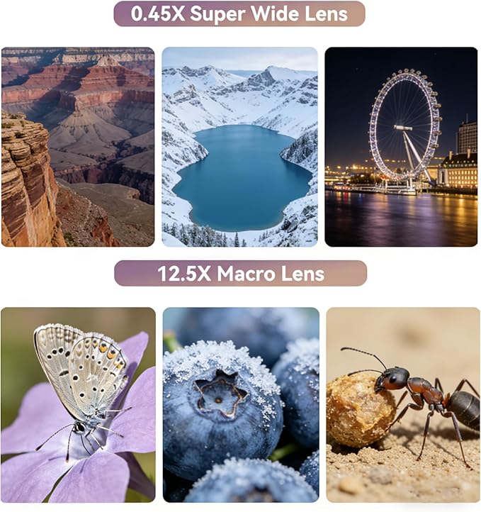 Phone Camera Lens Kit 2 in 1, 0.45X Wide Angle Lens+ 12.5X Macro Lens, Cell Phone Len Attachments Accessory for iPhone, for Samsung, for Android Smartphone