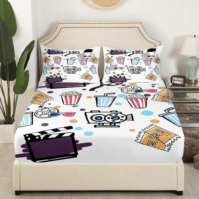 Movie Theme Sheet Set Home Theater Decor Bed Sheets Set for Family Kids Film Theme Decor Sheets Clapboard Popcorn Filmstrip Print Flat Sheet Home Movie Theater Room Decor Fitted Sheet Twin
