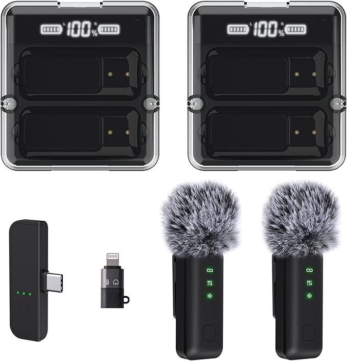 IVANKY 4Pcs Wireless Lavalier Microphone for iPhone with 2Pcs Charging Case, Lapel Mic for iPhone Android with Noise Cancellation, AI Voice Filter, 34H Used for Video Recording, TikTok, Vlog (2PCS)