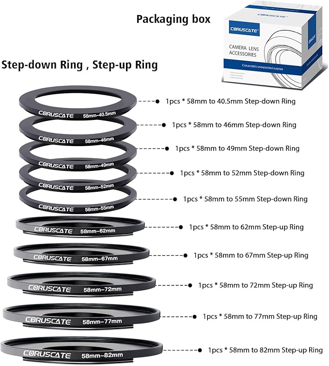 10Pcs 58mm Filter Ring Adapter Set,Filter Metal Stepping Rings for All Brands UV ND CPL 58-40.5mm,58-46mm,58-49mm,58-52mm,58-55mm,58-62mm,58-67mm,58-72mm,58-77mm,58-82mm