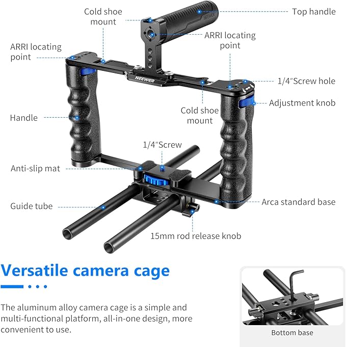 NEEWER Aluminum Alloy Camera Cage, Filmmaking Rig with Top Handle, Dual Grips & Arca Type Base, Compatible with Sony A7S III A7IV A6600 Canon EOS R5C R5 R6 DSLR/Mirrorless Cameras - VS107, Blue