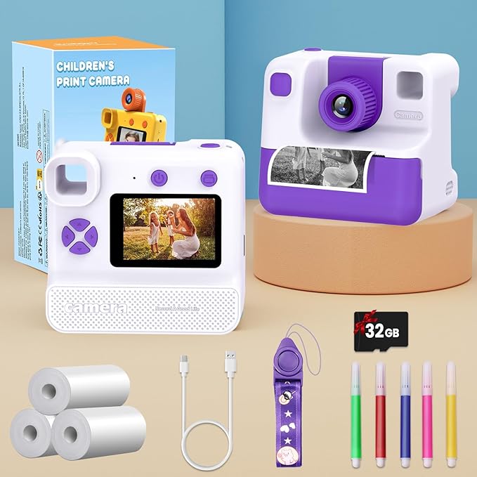 Kids Camera Instant Print, Christmas Birthday Gifts for Girl Boys 3-12 Years Old, FHD Selfie Digital Video Cameras Toddler 3 Rolls Print Paper & 32G Card (Retro, Purple-White)