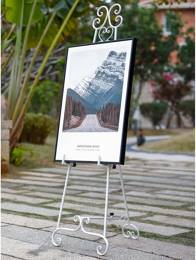 Metal Free Standing Adjustable Display Stand Scroll Easel with Chain Support, White Easel Stand for Sign, Wedding, Picture Frame. (No Installation Required)
