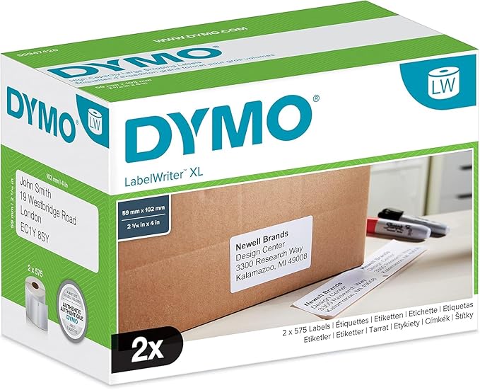 Dymo S0947420 LabelWriter 4XL High Capacity Large Shipping Labels, 102 x 59 mm, 2 Rolls of 575 - Black Print on White