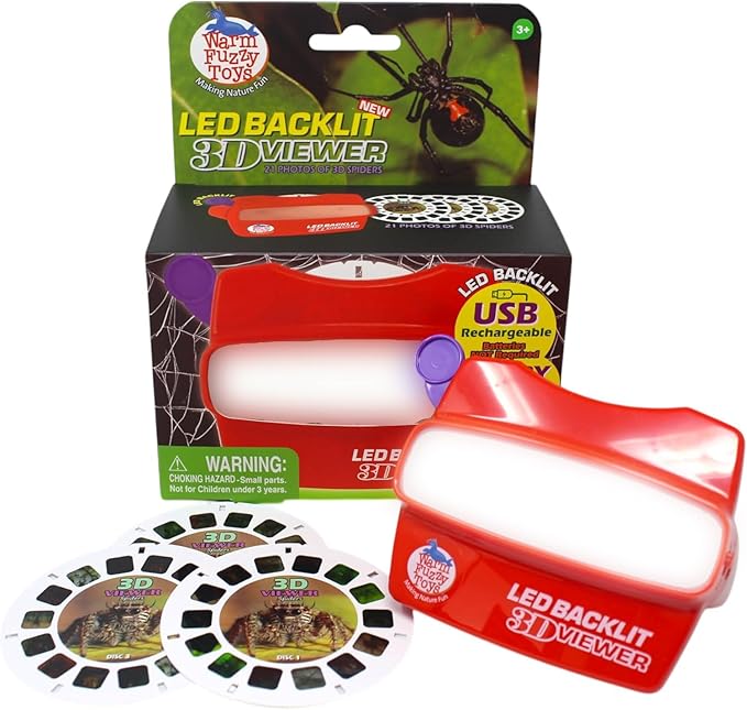 WARM FUZZY Toys LED Backlit 3D Viewer – (Spiders) – New 2025 USB-C Rechargeable Slide Viewer for Kids & Adults Includes 3 Reels with 21 HD 3D Images – Patent-Pending Retro Toy, No Light Source Needed