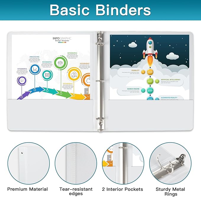 3 Ring Binder, LAYZZ 6 Pack 2 Inch Binders 3 Ring with 2 Pockets, Round Ring Binders, Clear Cover Binders for Letter Size 8.5"x11" Paper, PVC Free, Suitable for School Home and Office (White)