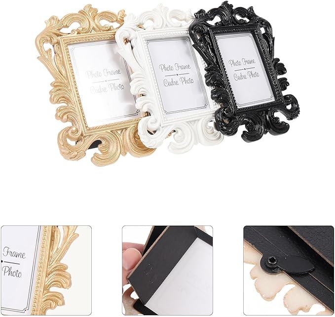 3pcs Mini Baroque Photo Frames Small Vintage Picture Display Stands for Desktop Tabletop Decoration White Black and Antique Gold Square Frame for Home Bedroom Living