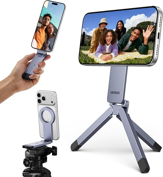 UGREEN for Magsafe Tripod 360° Rotating Adjustable Magnetic Phone Stand for 1/4'' Screw Port Compatibility with iPhone 17 16 15 14 13 12 Pro Max Air, Cell Phone StandTravel Essentials Accessories
