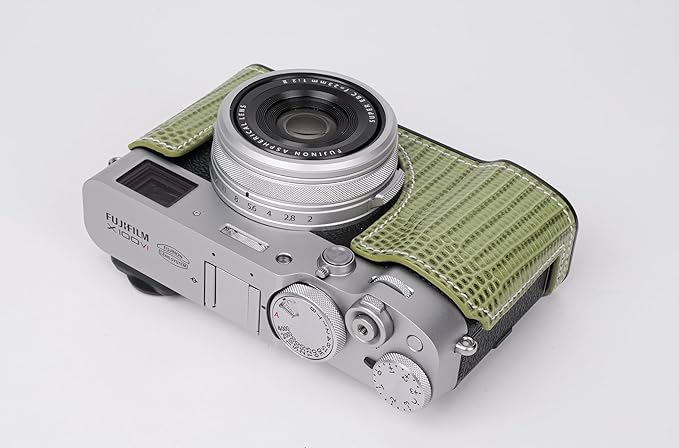 Handmade Genuine Leather Camera Half Case for Fujifilm X100VI - Top Layer Cowhide Body + Metal Base Plate - Hand Shank Free Design (Green 1)