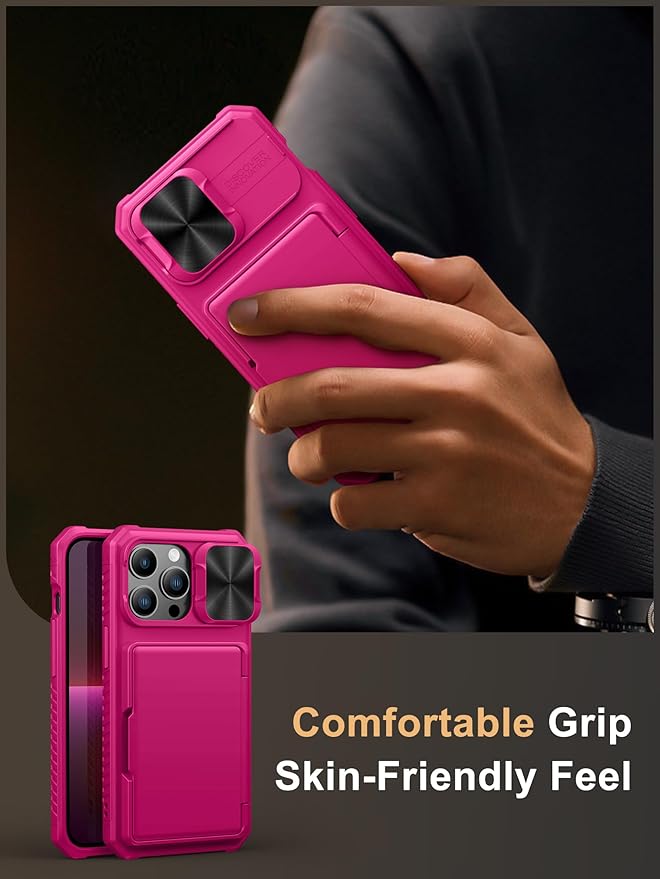 Vihibii for iPhone 13 Pro Case with Card Holder (4 Cards), [RFID Blocking] & Slide Camera Cover & Raised Edges Protect Screen, Military Grade Drop Protection, Rugged Wallet Case, 6.1" 2021, Pink