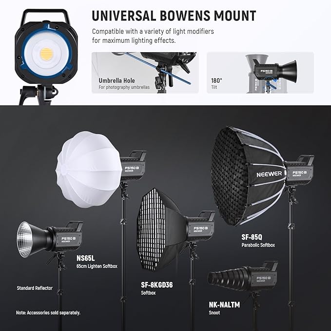NEEWER FS150B LED Studio Video Light 2.4G/APP Control, 130W Bi Color COB Continuous Output Lighting with Cleaning Cloth for Photography Video Recording 4 Dimming Curves/2700K-6500K/CRI97+/Bowens Mount