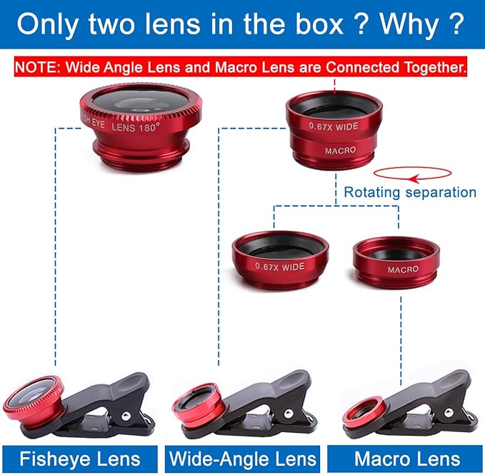 KINGMAS 3 in 1 Universal Fish Eye Lens, Macro Clip Lens Wide-Angle Camera Lens Kit for iPad iPhone Samsung Android and Most Smartphones (Red)