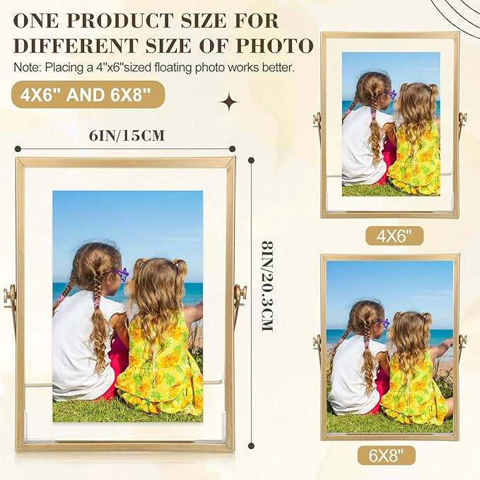 Hoteam 16 Pcs 4 x 6 Inches Gold Floating Frames Glass Photo Frames Vertical Vintage Metal Picture for Wedding Photo Picture Mounting Tabletop Display Office Decor