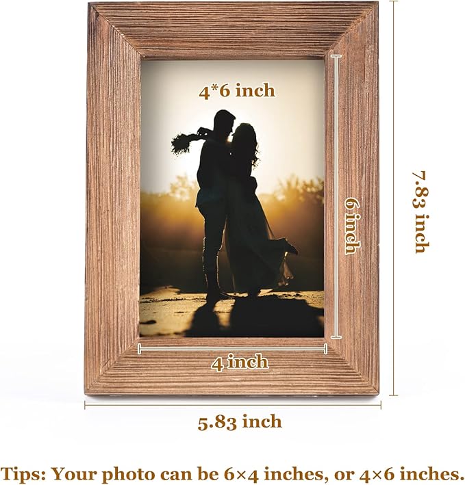 OKSQW Wood Picture Frame 4 x 6 Brown Retro Photo Frames with Real Glass Solid Wooden Photo Frame Standing for Tabletop Hanging Wall Farmhouse Home Desk Office Decor Handmade Family Picture Frame Gift