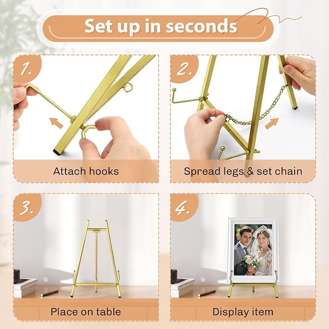 BeeCoAoo 16.5" Metal Easel Stand for Sign – Elegant Table Top Easel for Display, Heavy Duty Tabletop Picture Easel Stand for Wedding Sign, Picture Frame, and Art (Gold)