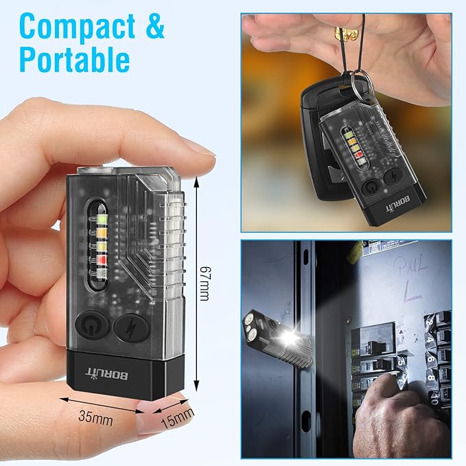BORUIT V10 Small Powerful Keychain Flashlight with 365nm UV Red Green Blue Light,High Lumens USB C Rechargeable Mini Pocket LED EDC Flash Light-14 Modes,Tail Magnet,Beeping Sound,Black