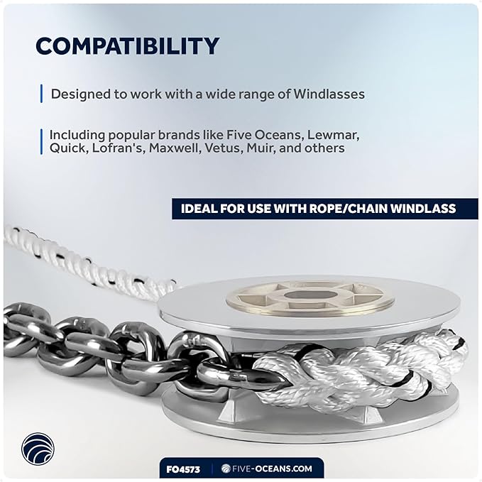 Five Oceans Windlass Anchor Rode, Hand-Spliced Anchor Rope and Chain Combination Kit, Nylon 3-Strand Rope, HT G4 Stainless Steel Chain for Boat Anchor System - Multiple Sizes