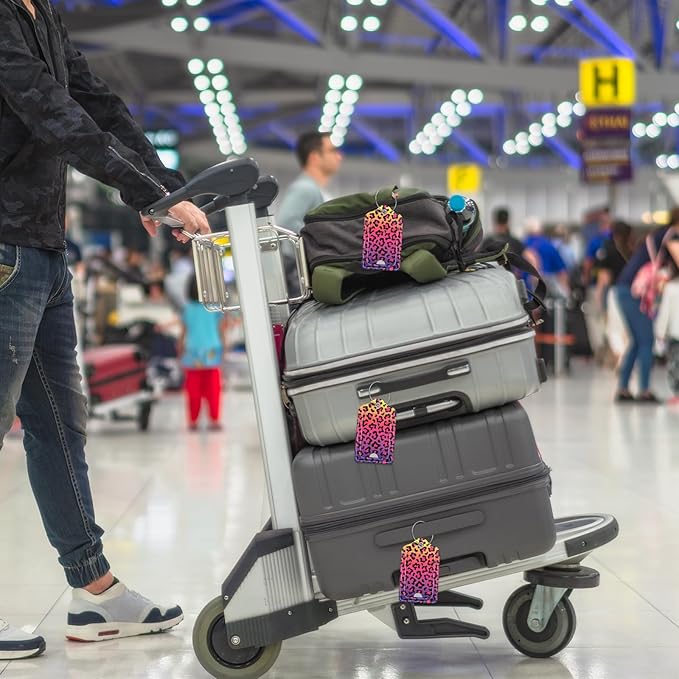 Luggage Tags for Suitcase, 2 Pack PU Leather Travel Cruise Luggage Tag with Privacy Flap, Name ID Label and Metal Loop for Women Men Girls Suitcase Baggage Bag Backpack, Colorful Leopard