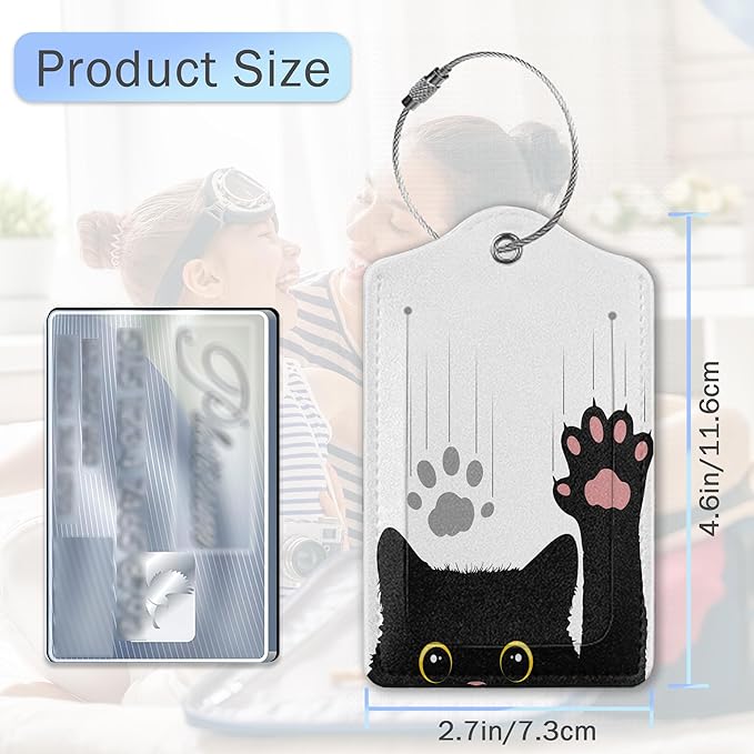 3 Pack Luggage Tags,Funny Black Cat Paw PU Leather Luggage Tags for Suitcase,Name ID Labels with Privacy Cover Suitcases and Metal Loop for Travel Bag Suitcase