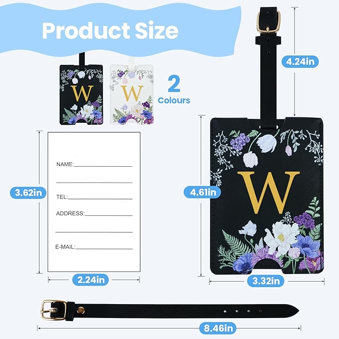 2 Pack PU Leahter Luggage Tags with PU Leather Straps, Fun Travel case Labels, Privacy-Protected ID Card Holders, Allowing for Quick Identification of Luggage and Easy locating of Your Bags (W)