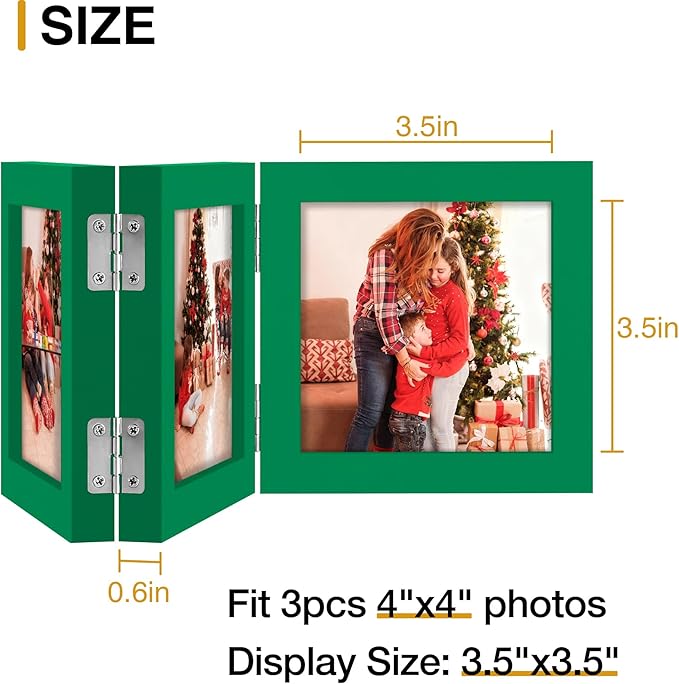 decorUhome Triple 4x4 Picture Frame Vertical, Engineered Wood Trifold Photo Frame with Plexiglass for Tabletop Display, 4x4, Green