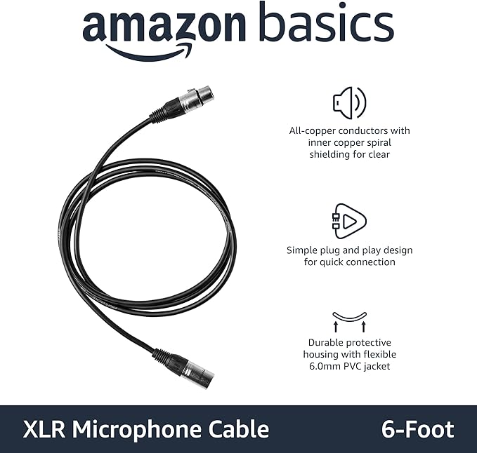 Amazon Basics 2-Pack XLR Microphone Cable for Speaker or PA System, All Copper Conductors, 6MM PVC Jacket, 6 Foot, Black