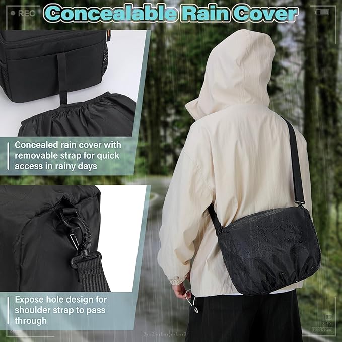 RAINSMORE Camera Bag for DSLR SLR Mirrorless Camera,Small Camera Sling Bag for Photographers Waterproof Camera Case with Tripod Holder Compact Camera Bag Crossbody with Rain Cover Black