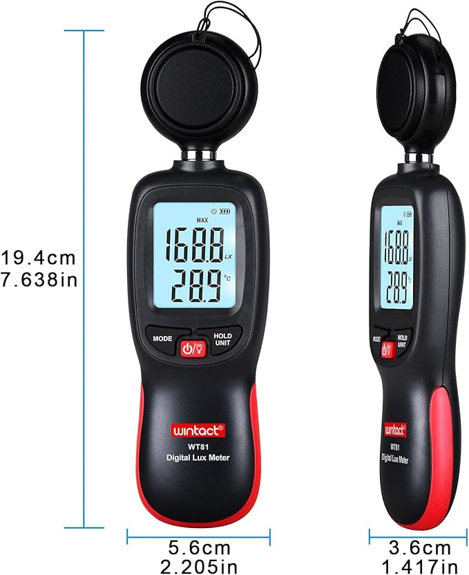 Wintact Digital Illuminance Light Meter Handheld with Thermometer Ambient, Lux Meter Range up to 200,000 Lux, Photometer Light Intensity Sense Test for Garden Indoor Plants LED Grow Light, Photography