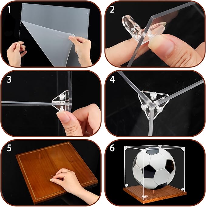 Clear Acrylic Soccer Ball Display Case with Wood Base & Tee, Memorabilia Stand Cube Holder, Dust Protection Transparent Storage Box for Single Ball Souvenir Soccer Ball Collections