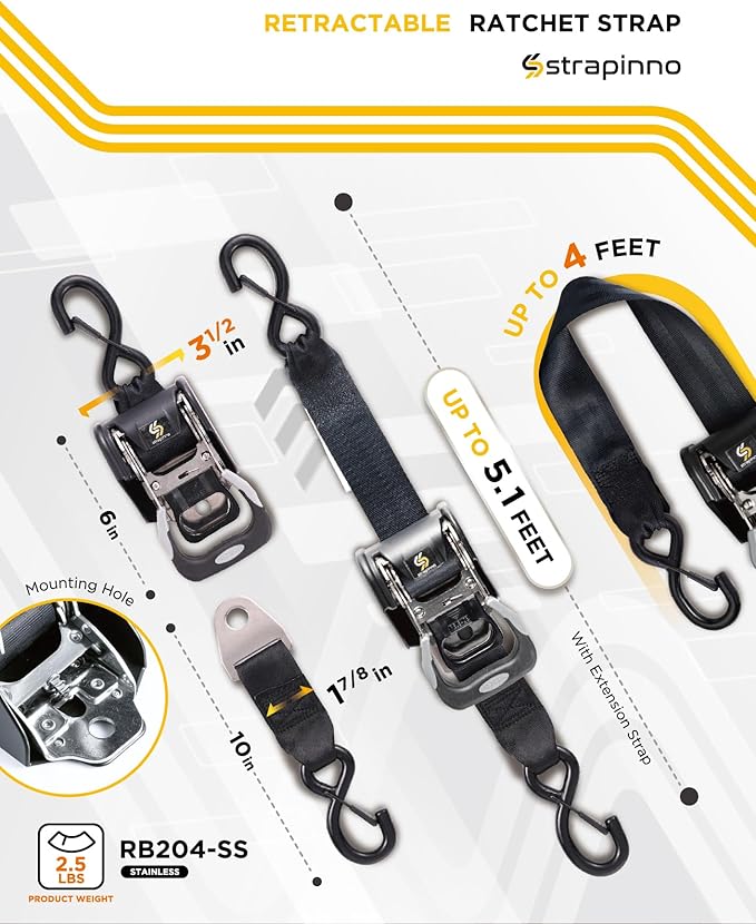 Strapinno 2PCS Stainless Steel Retractable Ratchet Straps (1 7/8 in x 4 ft) Heavy Duty Transom Tie-Downs with Extension Straps, Bolt Set & Safety Latch S-Hooks,for Boat,Break Strength 1,650LBS/750KG
